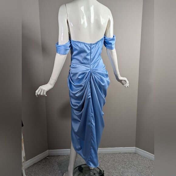 Pretty Little thing Blue Satin Draped Bardot Midi Dress 6 NWT - Picture 3 of 13